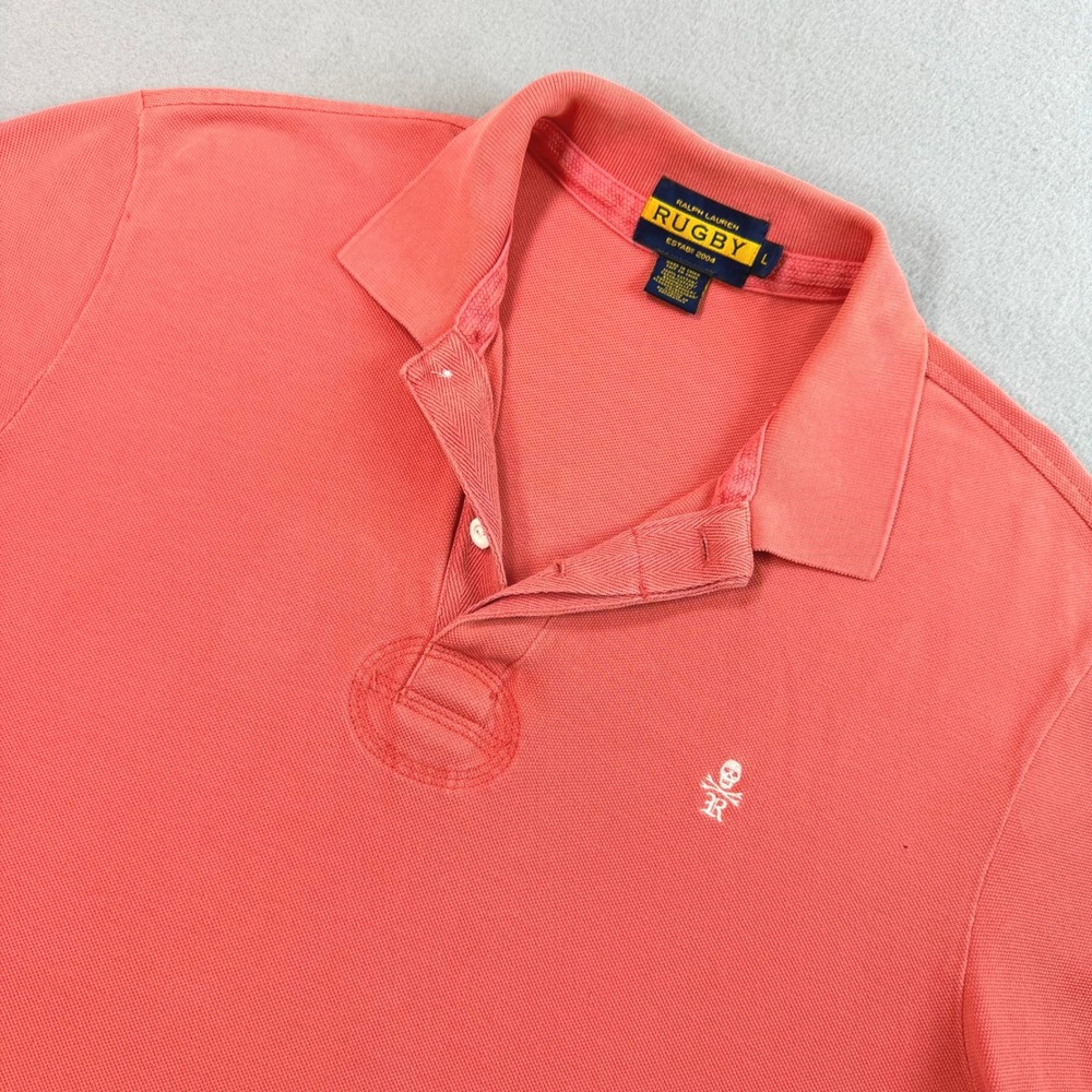 Vtg Ralph Lauren Rugby Polo Shirt L Coral Pink Skull Embroidered Crossbones Y2K